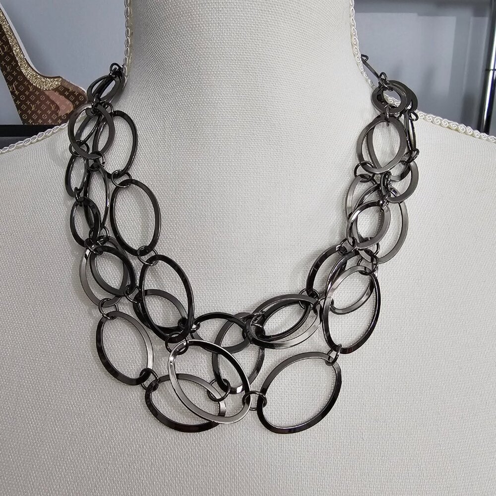 Daisy Fuentes Vintage Gunmetal Triple Strand Oval Link Statement Necklace